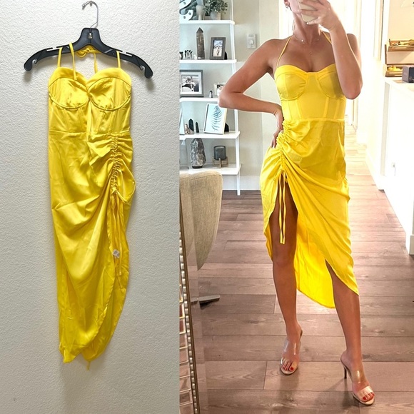 PrettyLittleThing Yellow Silk Asymmetrical Ruched Dress BNWT - Picture 1 of 2